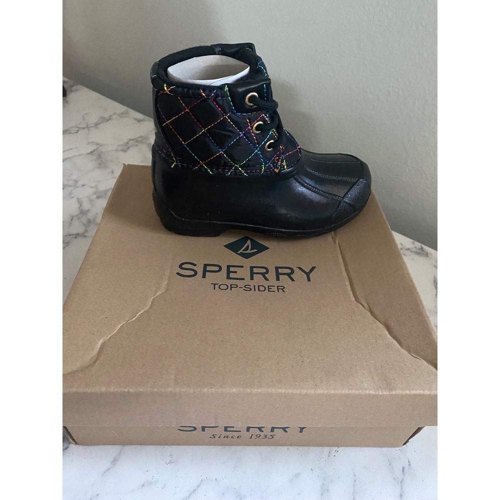 Sperry Saltwater Duck Boots Black Rainbow Quilted Kids 10M SCL166394